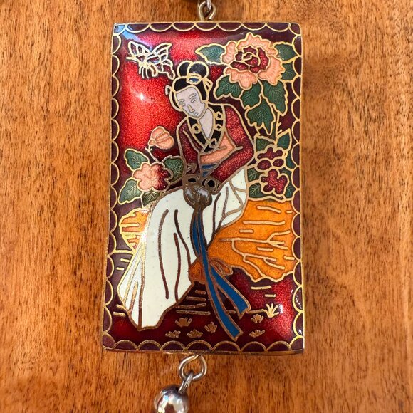 Asian Enamel Pendant on Red Rope Cord w. Tassel Long Necklace - Picture 4 of 9